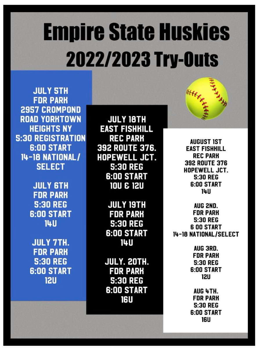 Huskies Tryouts:  Come join an Elite Travel Softball program with teams from 8u to 18u.
Our reputation for preparing student athletes for college is unmatched.  Please register prior to tryouts go.teamsnap.com/forms/326223