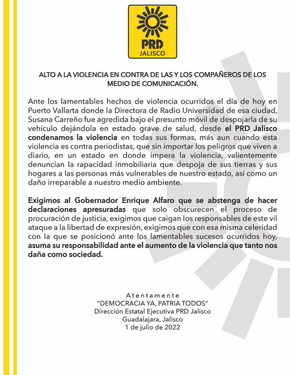 Condenamos las actos de violencia ocurridos el día de hoy contra la compañera Susana Carreño.

Exigimos al Gobernador <a href="/EnriqueAlfaroR/">Enrique Alfaro</a> se abstenga de hacer declaraciones irresponsables sin una investigación transparente.