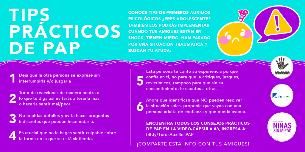 Descarga y comparte esta imagen 👇🏾 con TIPS PRÁCTICOS de Primeros Auxilios Psicológicos. bit.ly/1erosAuxiliosP…
<a href="/Caring4Colombia/">Caring for Colombia Foundation</a>