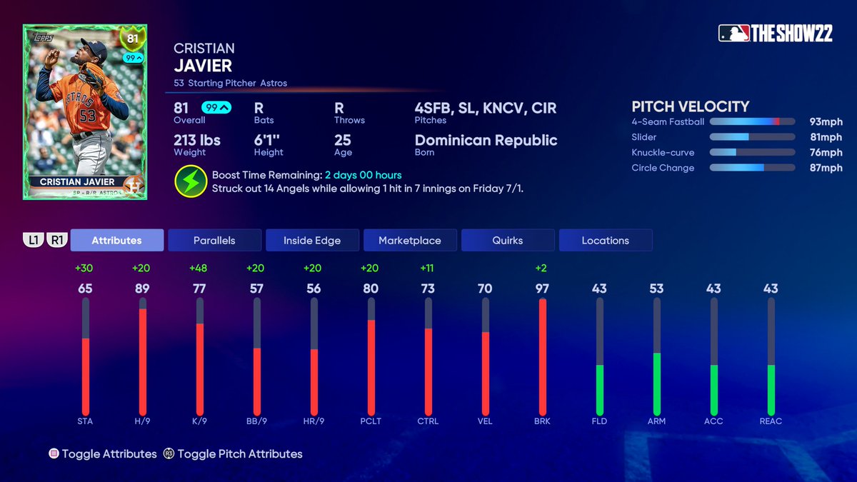 MLBTheShow's tweet photo. Cristian Javier lanzando 🔥!

Enjoy 48 hours of 🔋#Supercharged🔋Cristian after that 1️⃣4️⃣ strike out performance. @astros

#MLBTheShowSC https://t.co/tLeLRVpHy1