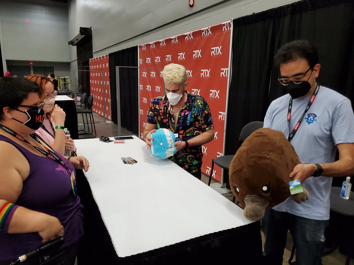 kerouaille's tweet photo. @DannyStriderEG @sarahkaweems @larrymatovina @DefinedByKy @BlackKrystel And on Day One of #RTXAustin my platypus self has managed to meet @JonRisinger, and one @sorola who sources say apparently tried to steal me.

Thanks to the lovely guardian who used @RTReneCast's phone for the photos. 💖 https://t.co/jAqtmafolP