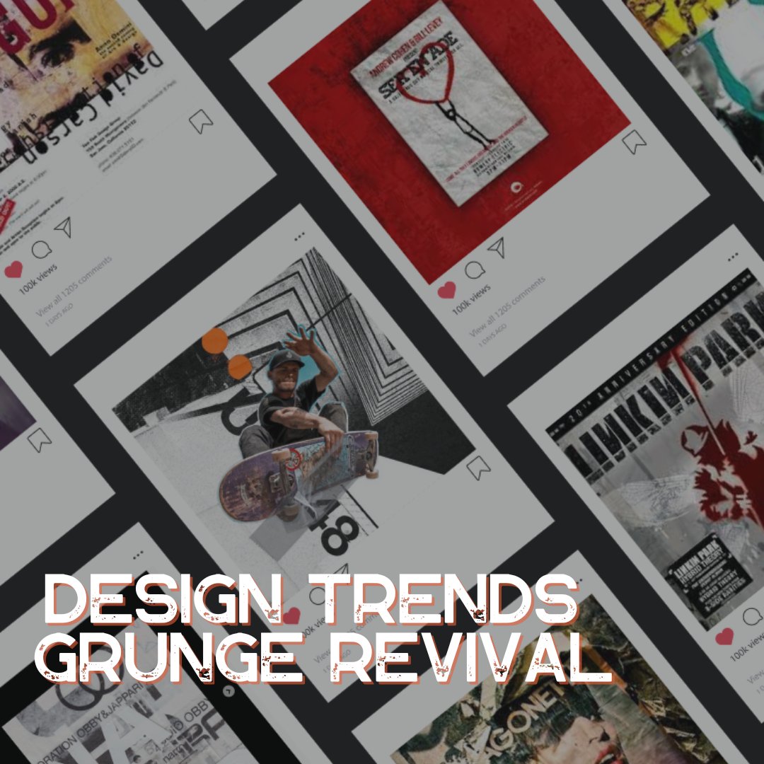 What’s hot in design right now? 🔥 Grunge Revival.
 
What is it and how can you incorporate it? 🤔 #GrungeRevival incorporates gritty textures as backgrounds of an image to give them a unique look. Grunge can be used in so many ways and applied across different design projects.