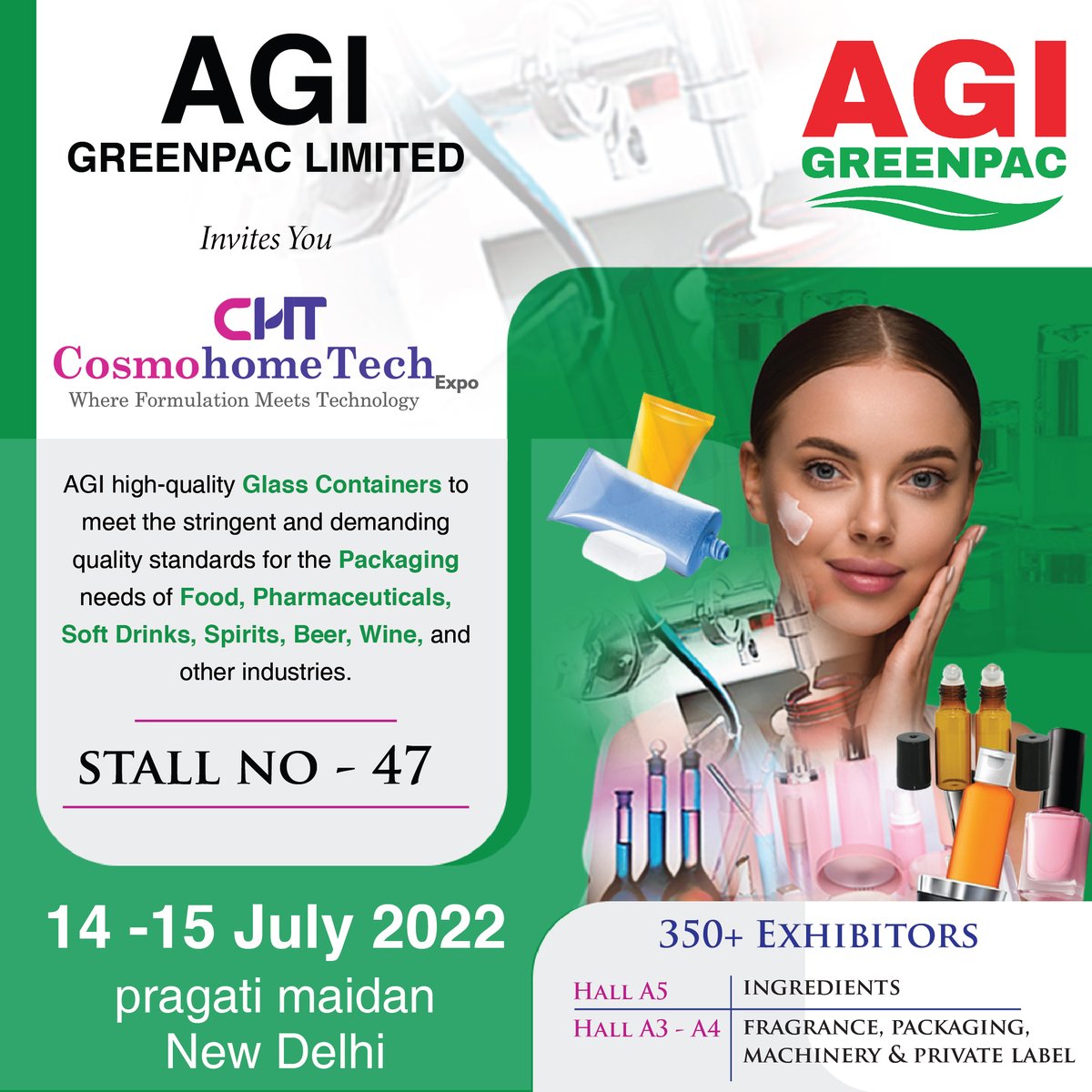AGIgreenpac's tweet image. Meet us @ COSMOHOME TECH EXPO @ Pragati Maidan, New Delhi. Stall no 47, Hall A3 #personalcare #cosmetics #cosmohometech #speciality #ingredients #cht #Cosmotech #Cosmohometechexpo #personalcareproducts #cosmeticingredients #agigreenpac #agiglaspac #agispecialityglas