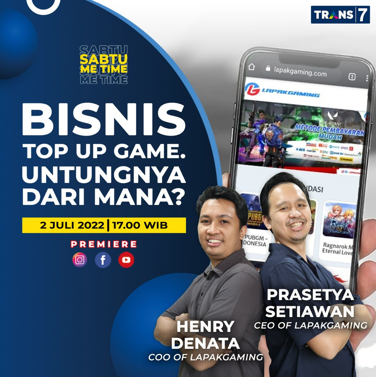 TRANS7's tweet photo. Pasti udah gak asing lagi dengan Lapak Gaming kan? Prasetya Setiawan, Chief Executive Officer dan Henry Denata, Chief Operating Officer Lapak Gaming. Tantangannya apa ya di industri gaming Indonesia?

Nonton Sabtu Me Time jam 17.00 WIB di IGTV, Facebook,  YouTube TRANS7 Official. https://t.co/zfGpfKnTvO