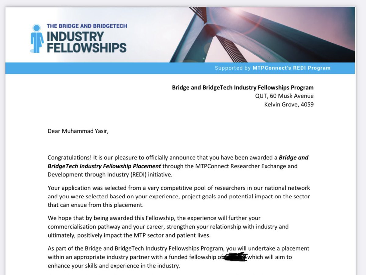 Awarded #BridgeTech Fellowhip through #MTPConnects  #REDI initiative which will enhance my skills and experience of commercialisation journey.