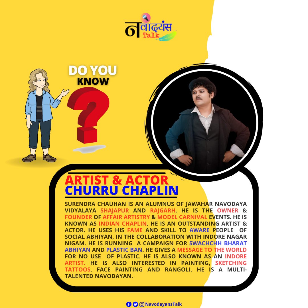 NavodayansTalk's tweet photo. We Want to Showcase the #navodayan's Talent So, He is One of Them

Navodayan
Surendra Chauhan 
#Artist #Actor 

He is an Alumnus of Jawahar Navodaya  Vidyalaya #Shajapur and #Raigargh,MP.

@CommissionerNVS @ChurruChaplin #Jnvs @RaigarhJnv #NavodayansTalk #JnvsArtists #JnvsActor https://t.co/y1yGVJa5MU
