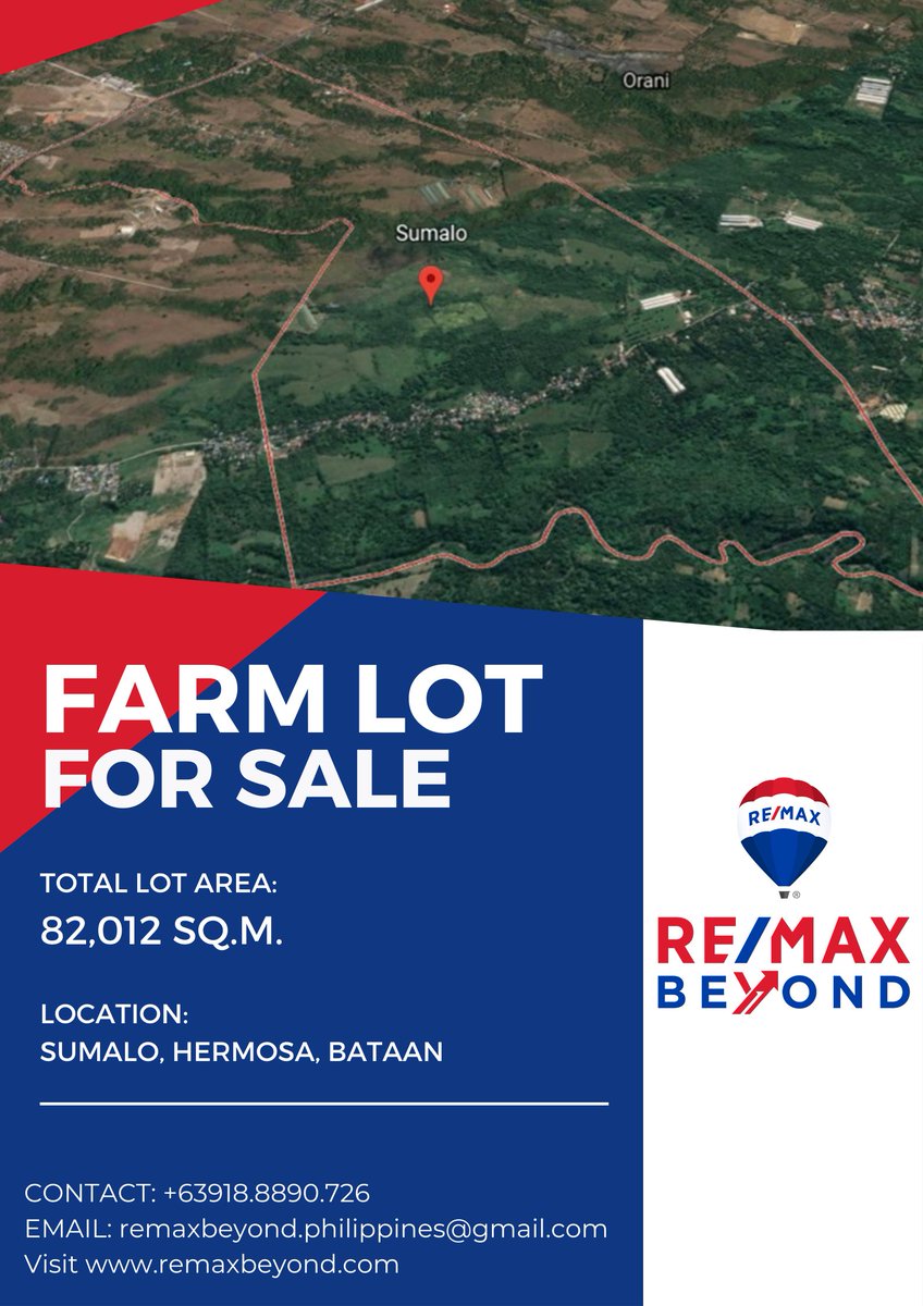 remaxbeyondphil's tweet photo. Farm Lot for Sale in Hermosa, Bataan 

Total Lot Area: 82, 012 sq.m.
Location: Sumalo, Hermosa, Bataan 
Price: 250/sq.m.

Contact: +63918.8890.726
Email: remaxbeyond.philippines@gmail.com
For more info visit https://t.co/DIK26SqGfP https://t.co/U5wVEUuVz3