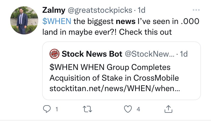 StarFishStripe's tweet photo. $WHEN $KRFG $CCFW $AHFD $GEgr $PLPL zalmy sure likes “massive news”. He currently still holds zero of these that he bought the last few weeks. Total pump and dumps. Every day he claims the biggest news he’s ever seen. @SECEnfDirector https://t.co/EY41WvpPGP