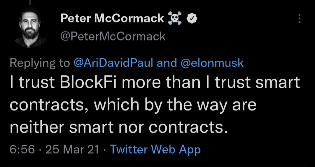 spicydragon23's tweet photo. BREAKING: #Bitcoin maxi mafia crumbling after calling DeFi a scam and choosing CeFi (BlockFi) instead. https://t.co/pZvbVcnC8y