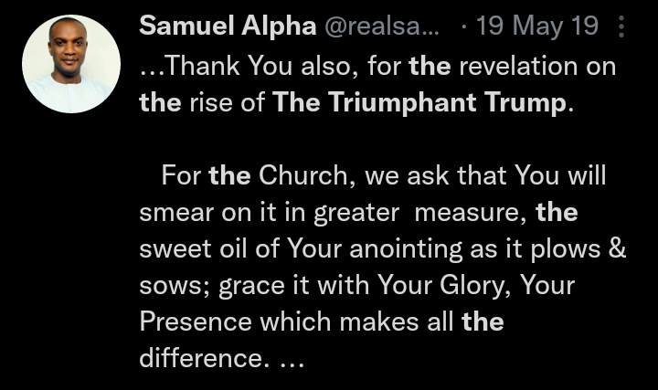 realsamalpha's tweet photo. #ProphecyInPerspective | USA

If the world is a school, God have a Head Boy!

[The Revelation]
Early May, 2019, was when I had this vision, and it is still fresh in my spirit.

The vision unfolded, and I saw President Donald J. Trump, flying in mid air, at horizontal level, ... https://t.co/dzffm1syQN