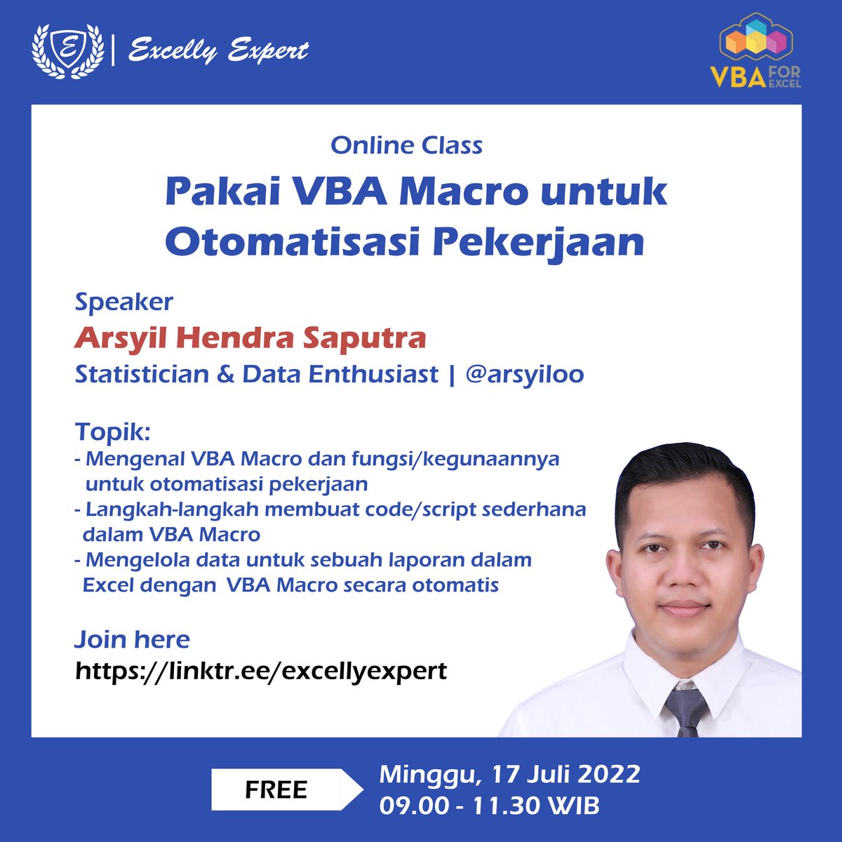arsyiloo's tweet image. Halo teman2, buat yang mau belajar bareng VBA Macro excel aku mau sharing sedikit ilmuku. Kalau berminat bisa join ya.. free! Syaratnya siapkan laptop dan sudah terbiasa bekerja dengan Ms Excel. Terima kasih :)
Link: linktr.ee/excellyexpert
#vbaexcel #vbamacro #macroexcel