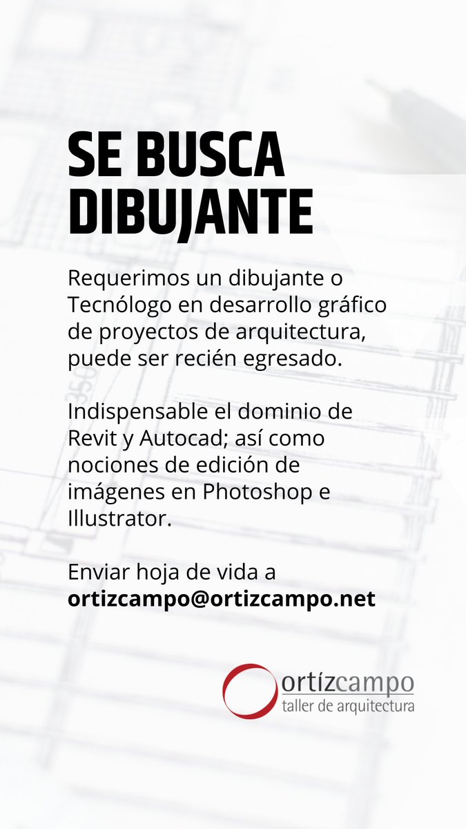 ArquitecturaUnivalle (@arquitectura_uv) on Twitter photo 👨🏫El taller de Arquitectura Ortiz Campo & Cía. requiere un dibujante. Enviar hoja de vida a: ortizcampo@ortizcampo.net
#empleo #arquitectura #dibujante #Cali 👨🏫El taller de Arquitectura Ortiz Campo & Cía. requiere un dibujante. Enviar hoja de vida a: ortizcampo@ortizcampo.net
#empleo #arquitectura #dibujante #Cali