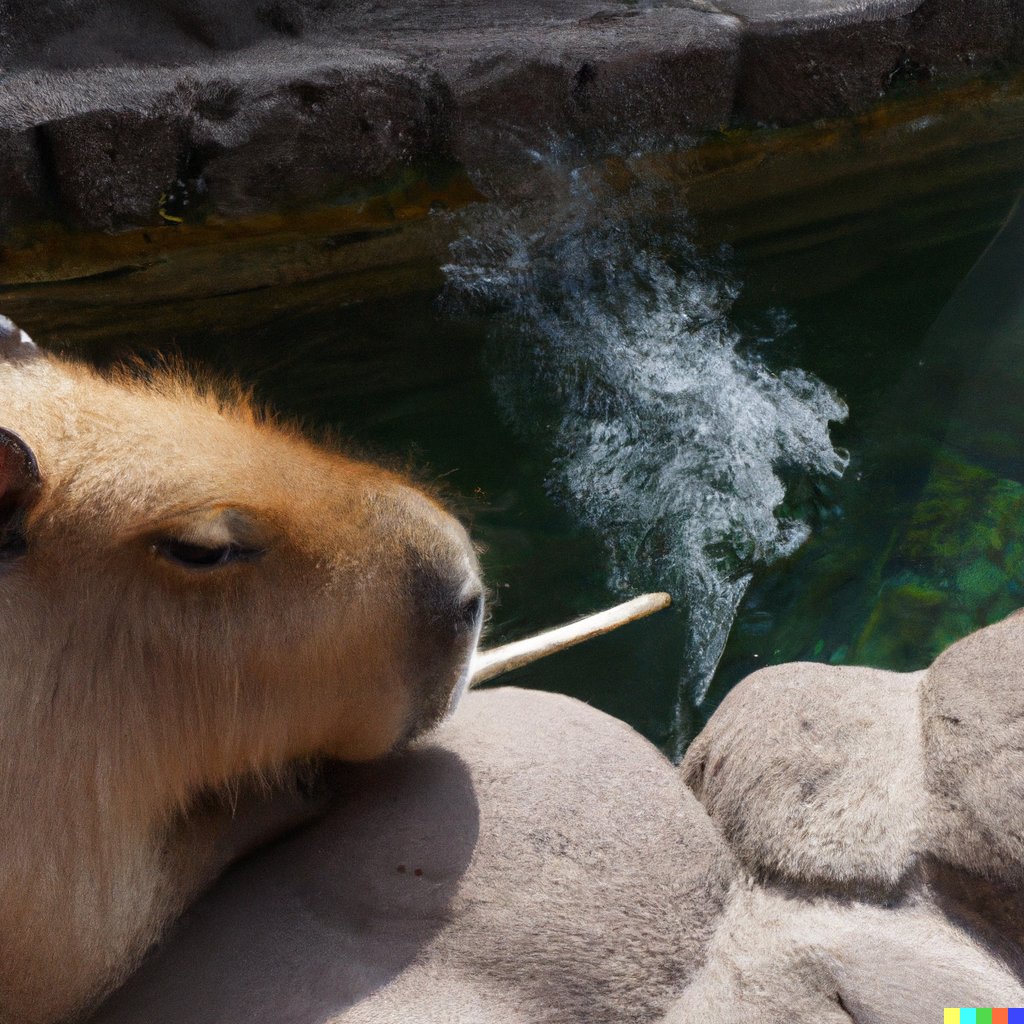 "a photo of a capybara smoking a cigarette in a hot spring" #dalle #AIart
