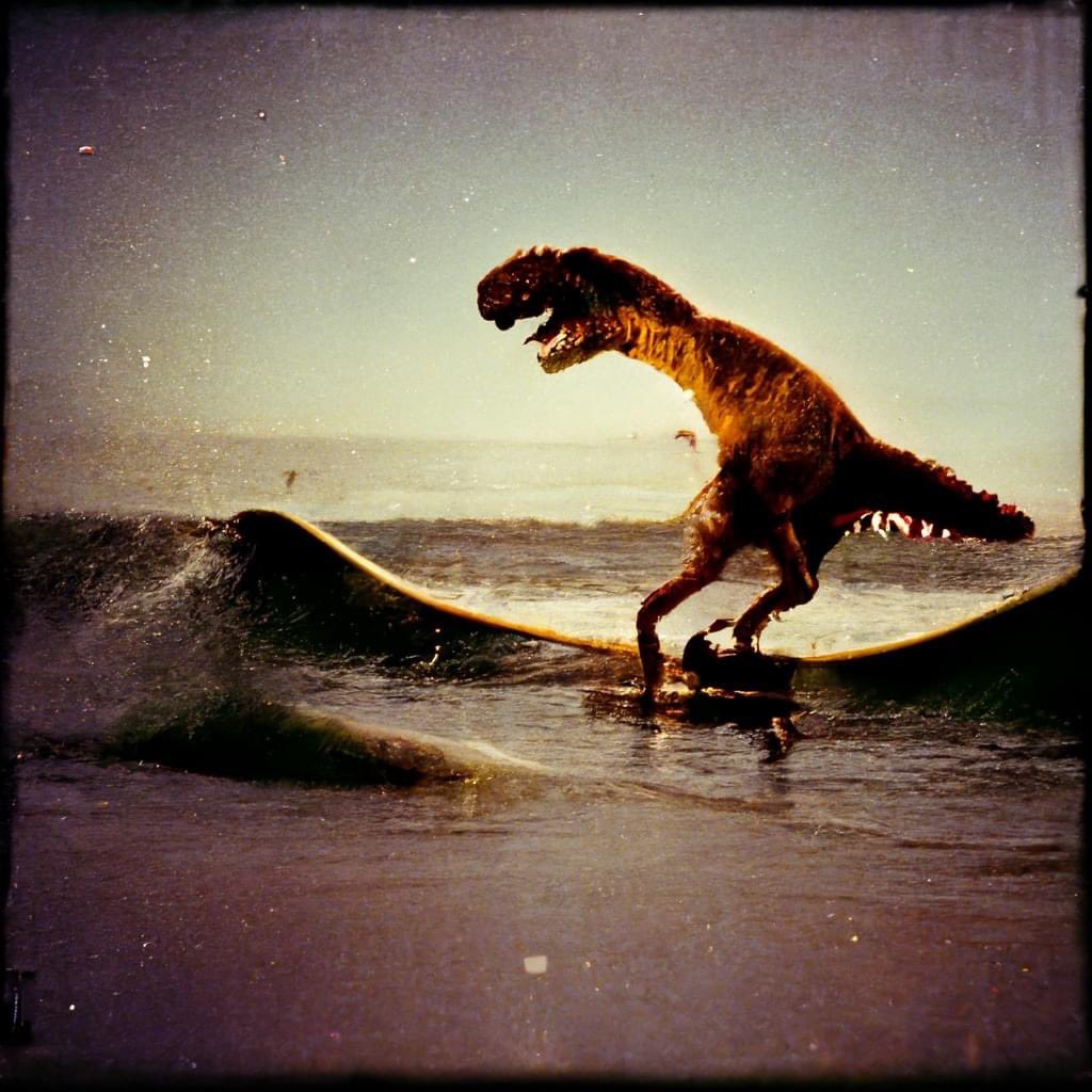 EmptyKennedy's tweet photo. Yo Dino dude, surf’s up! #midjourney #MidjourneyAI #AIart #AiArtwork #art #dinosaur #dinosaurs #surfing #surf https://t.co/rmrCTVn8DH