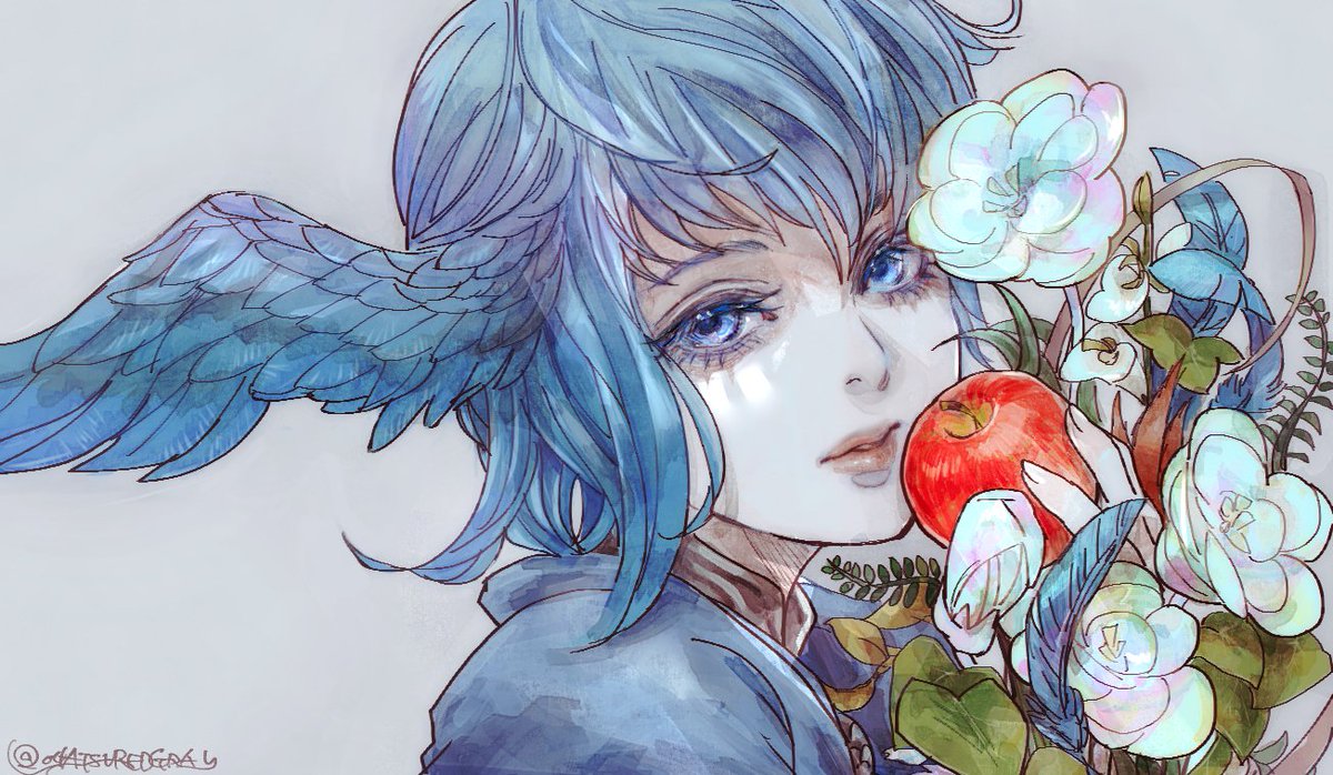 1girl fruit head wings blue hair solo blue eyes flower  illustration images