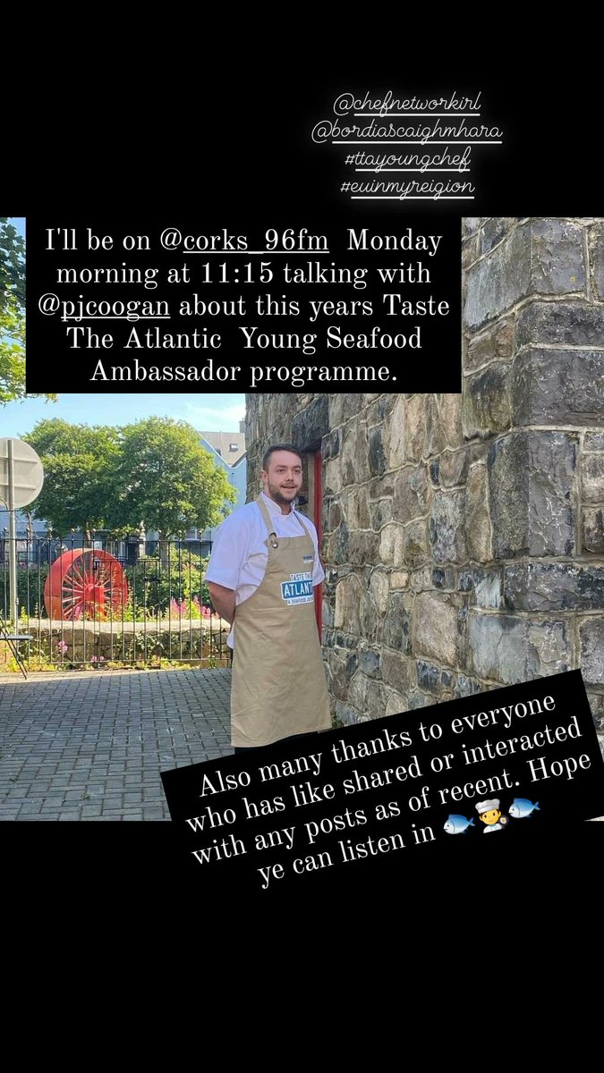 I'll be on <a href="/Corks96FM/">Cork's 96FM</a> on Monday morning at 11:15 chatting with <a href="/pjcoogan/">PJ Coogan</a> about all things seafood and my Ambassador Journey. Hope ye can listen in. <a href="/ChefNetworkIRL/">Chef Network</a> <a href="/chefgusscully/">kieran Scully</a> <a href="/EastCorkJournal/">East Cork Journal</a> <a href="/TheBayviewCork/">The Bayview Hotel</a> @