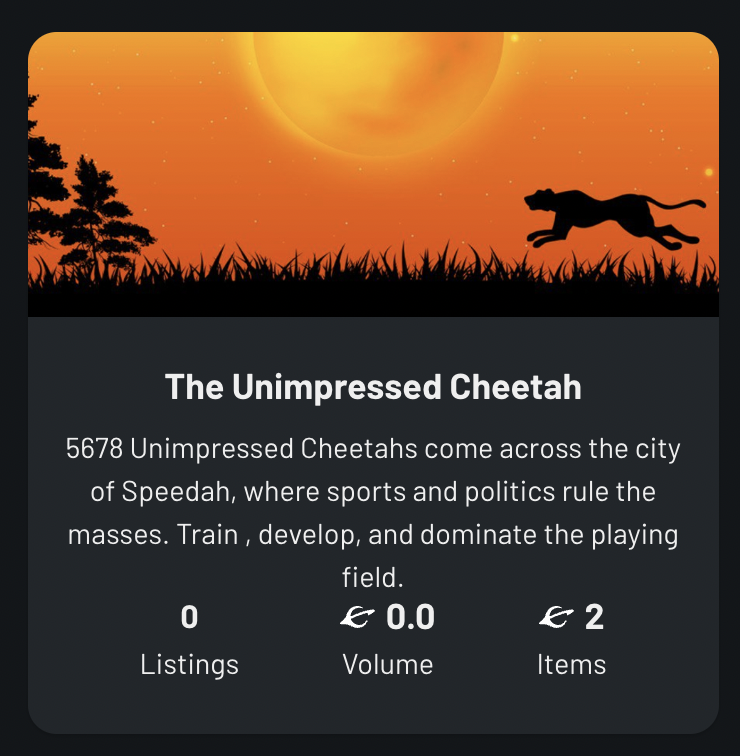Orbit Market (@orbitmarketos) on Twitter photo 🚨New Listing Alert!🚨
@UnimpressedChe1 is now listed on our marketplace!
Visit orbitmarket.io/collections to check them out!
"5678 unimpressed Cheetahs on <a href="/EvmosOrg/">Evmos // evmOS ☄️</a>. Where sports and politics rule the masses." 🚨New Listing Alert!🚨
@UnimpressedChe1 is now listed on our marketplace!
Visit orbitmarket.io/collections to check them out!
"5678 unimpressed Cheetahs on <a href="/EvmosOrg/">Evmos // evmOS ☄️</a>. Where sports and politics rule the masses."
