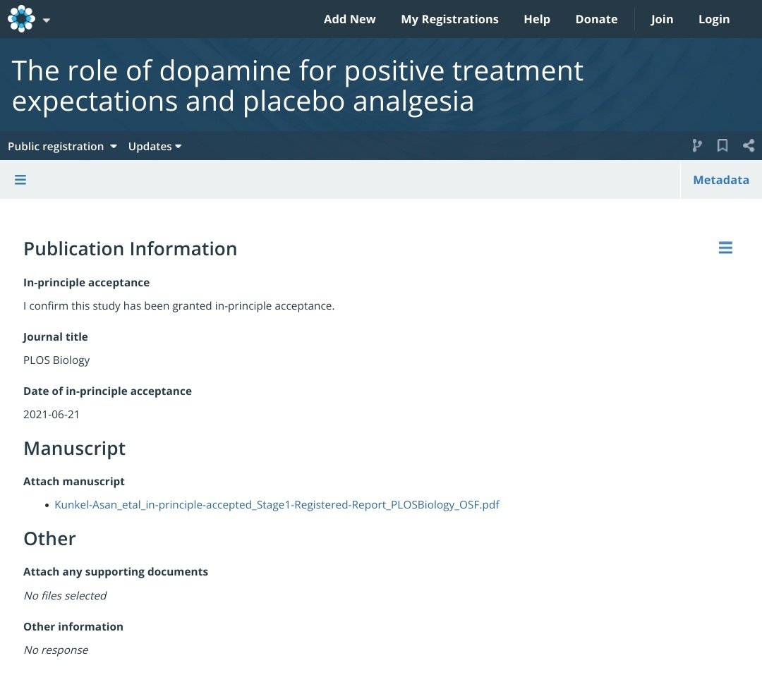 Breaking news – we have just gotten our first Stage 1 #RegisteredReport (RR) in-principle-accepted by the journal @PLOSBiology! 

We will probe the role of #Dopamine in treatment expectation and its effect on #pain (CRC project A01). Check it out: doi.org/10.17605/OSF.I… ✨
