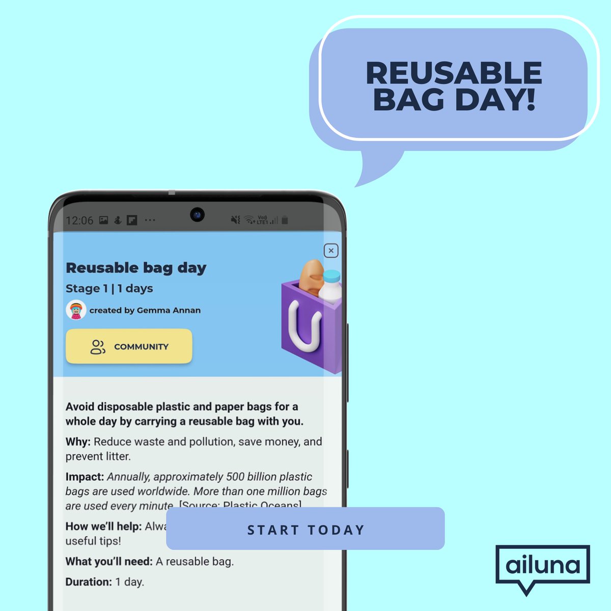 AilunaCommunity's tweet photo. Sign up for a Reusable Bag Day action in the Ailuna app today to celebrate the International Plastic Bag Free Day tomorrow! 📲 https://t.co/opIC6M3qWn
#plasticbagfreeday #ailuna #plasticfree #reusablebagday #plasticpollution #plasticban #stopplastic https://t.co/enlHJWc8g3