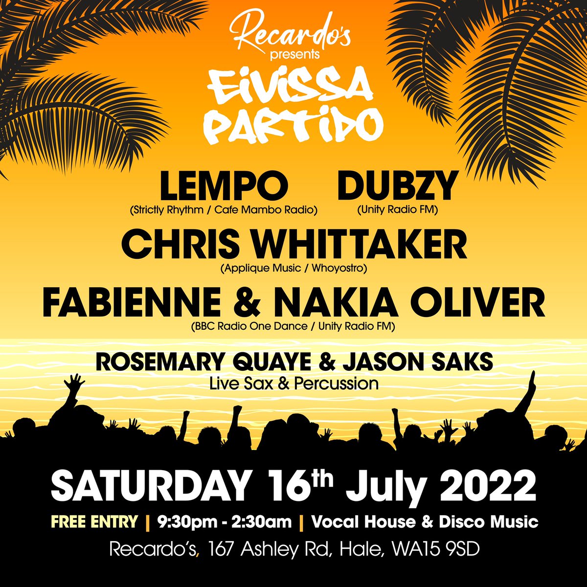 Recardo’s presents Eivissa Partido every Saturday, launching on July 16th with a residents showcase. Bringing the Ibiza vibes to Cheshire’s party people! 🎶🎷🥁🪩💃🏼🕺 #HouseMusic #Disco #Ibiza #Party #Hale #Altrincham #Cheshire
