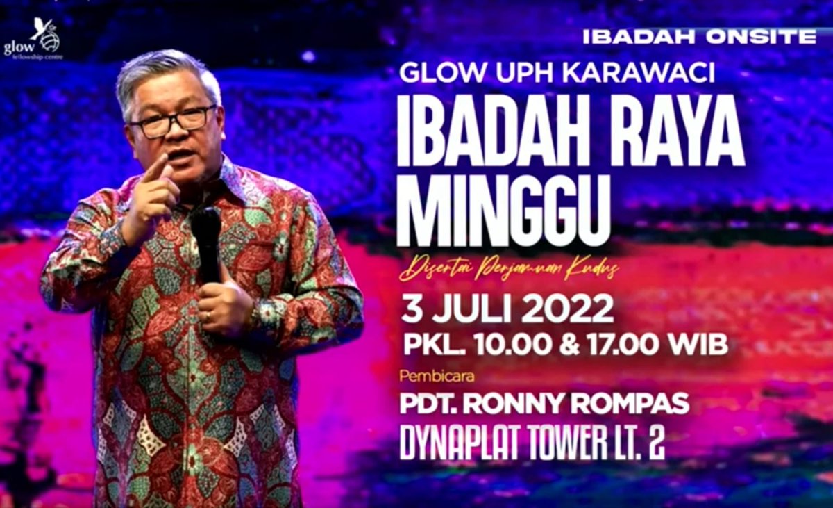 PsRonRompas's tweet photo. Hadirilah Ibadah @GBIGlowFC Dynaplast Karawaci.

Minggu, 3 Juli 2022.
• Sesi 1 : pkl 10.00 WIB.
• Sesi 2 : pkl 17.00 WIB.

@Dynaplast Tower 
Jl. Boulevard M.H. Thamrin No. 1, Lippo Village, Tangerang-Banten.

Tema: MENJADI MURID.

Tuhan memberkati! https://t.co/ZRRXeOTLgz
