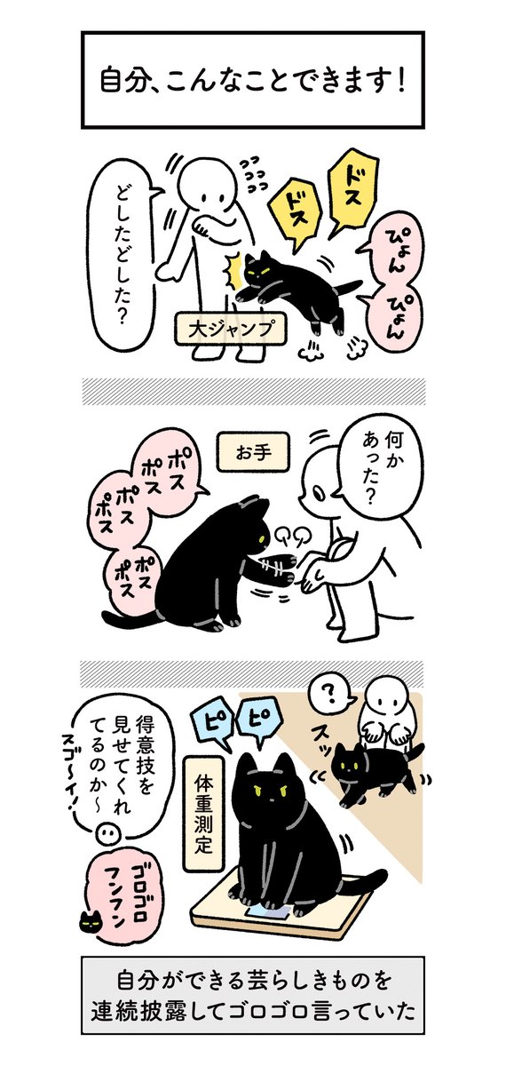 しゃがんだ瞬間ねこが駆け寄ってきてほっぺたにチュッとしてくれてホワ〜となった絵日記と、褒められたかったのか連続で芸をお披露目してくれてホワ〜となった絵日記(3まいある) #ろんの絵日記 