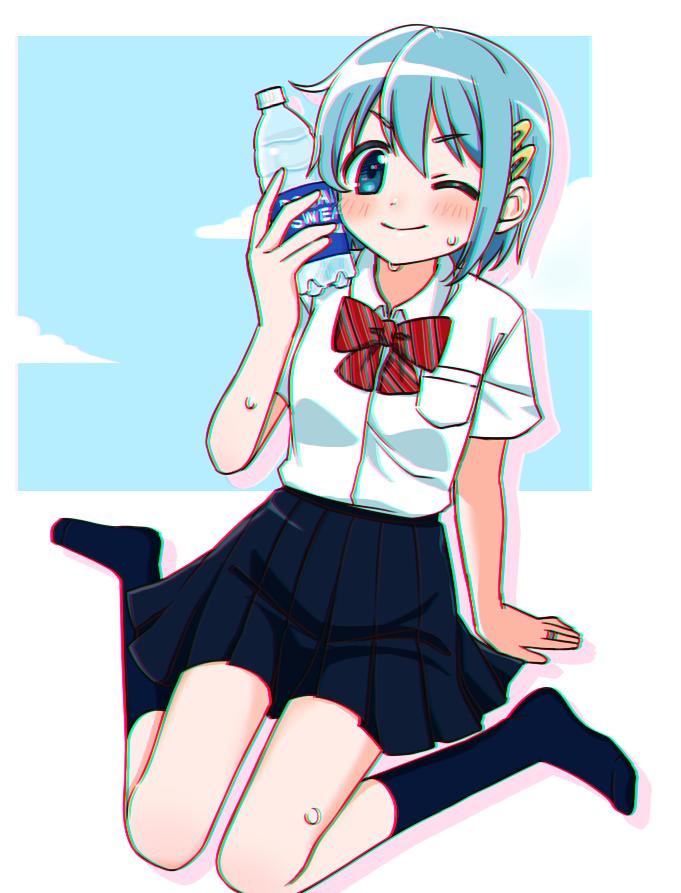 miki sayaka 1girl one eye closed solo skirt blue hair blue eyes chromatic aberration  illustration images