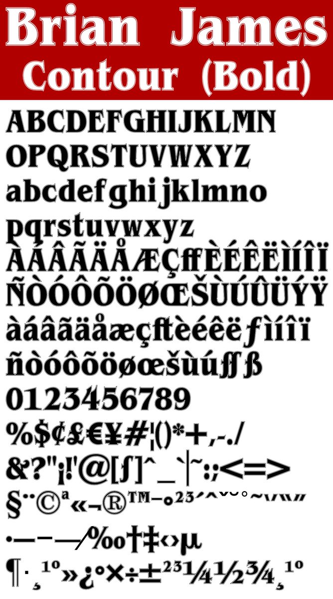 fontjournal's tweet photo. Brian James is a Free Bold Serif #Font (&amp; #WebFont) Family by @DieterSteffmann that can be used commercially. Another oldie but goodie for your graphic design fonts toolbox. There's a condensed and a contour style. Contour style has an outline around it.
https://t.co/8rzhGI7nqM https://t.co/waC8Qp6bjb
