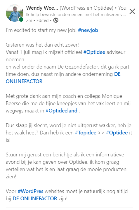WendyWeel's tweet photo. I'm excited to start my new job! #NewJob 
Vanaf gisteren mag ik mijzelf #Optidee adviseur noemen! Trots!

https://t.co/6mbPcoWRfL https://t.co/cT5jQGAy3w