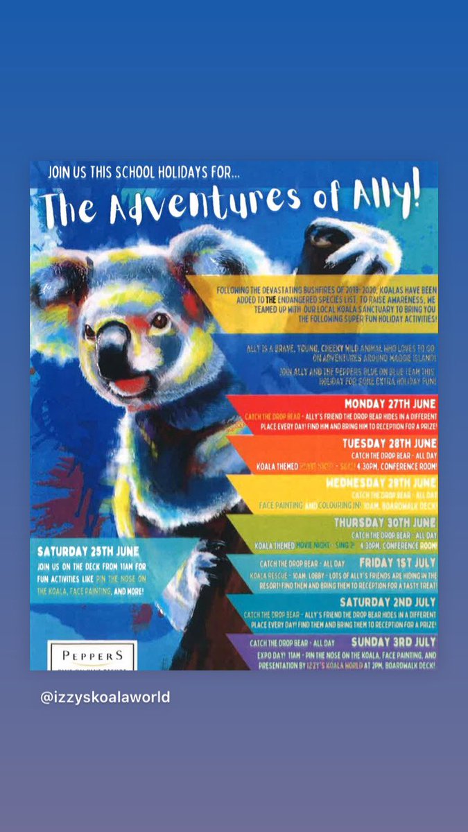 alibee3184's tweet photo. Izzy’s Koala World fans are invited to join us at Peppers Blue on Blue at Nelly Bay tomorrow from 2pm if you are on the island #magneticisland #peppersblueonblue #koala #schoolholidays #sealink #meetandgreet #fans #izzybee #Netflix #thedodo #whatsonmagneticisland #townsville https://t.co/e6a2rmmUre