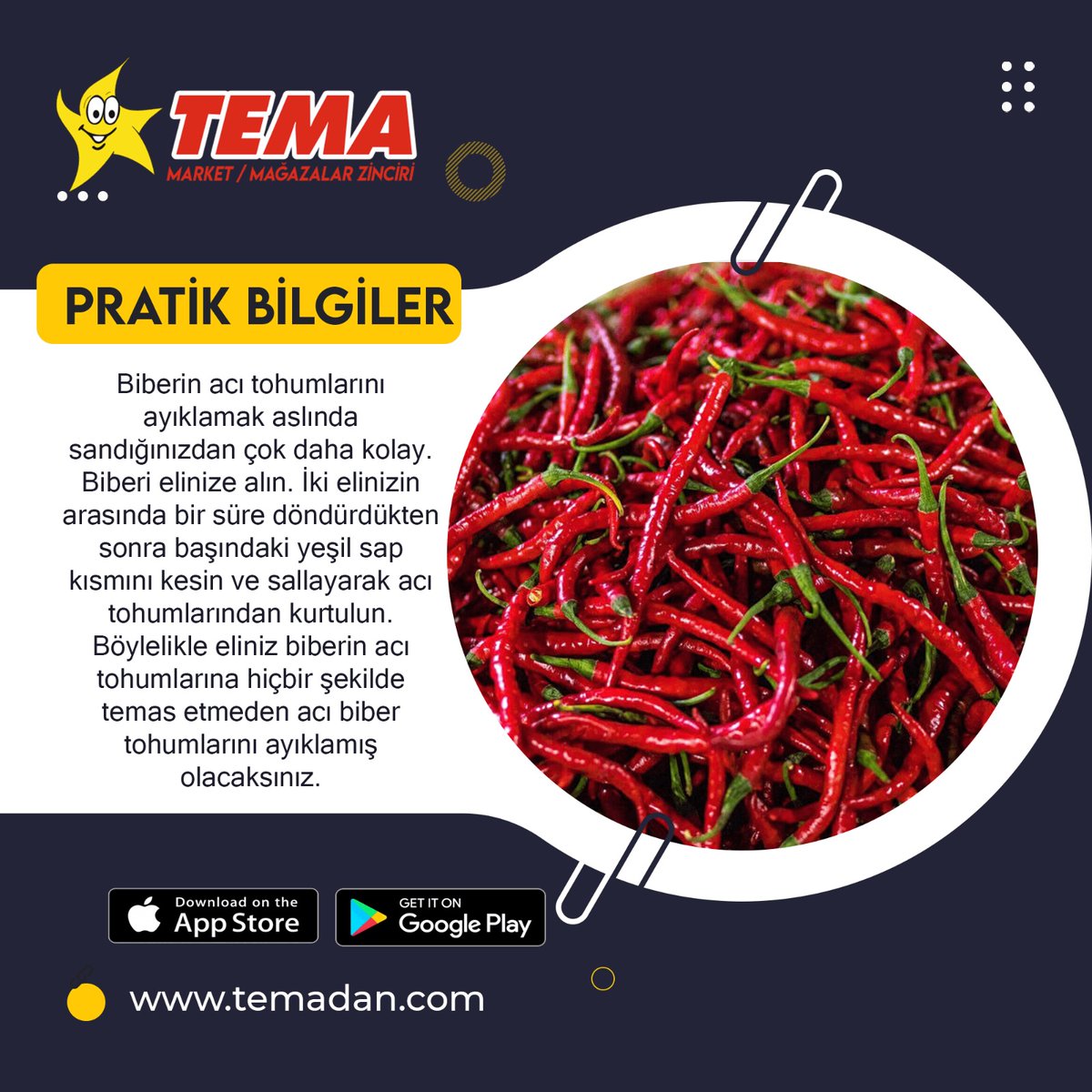 Pratik Bilgilerde Bugün 💫 
Biberin acı tohumlarını ayıklamak aslında sandığınızdan çok daha kolay. Biberi elinize alın. İki elinizin arasında bir süre döndürdükten sonra başındaki yeşil sap kısmını kesin ve sallayarak acı tohumlarından kurtulun.