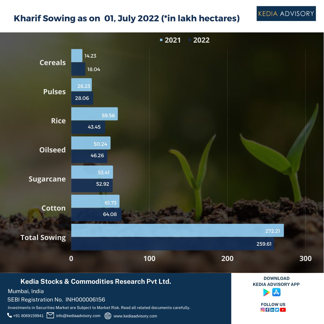 kediaadvisory's tweet photo. Kharif Sowing as of 01, July 2022 (*in lakh hectares)
Total Sowing
#kediaadvisroy #kedia #chart #report #Commodities #Oilseed #Cereals  #Sugarcane #Cotton #Rice #Pulses #TotalSowing https://t.co/lXZWwpNpMV