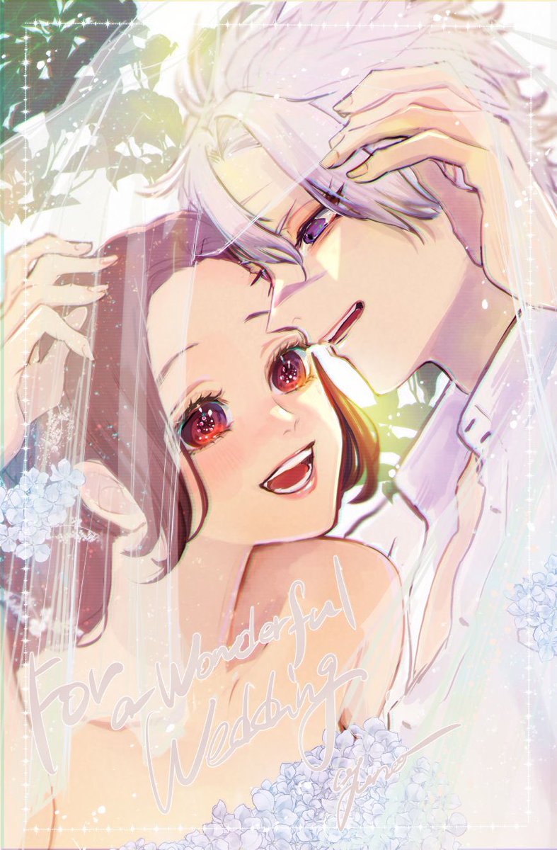 1girl 1boy hetero veil red eyes smile couple  illustration images