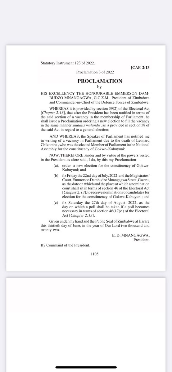 ZECzim's tweet photo. #ElectionNotice
Gokwe Kabuyuni By-Election Proclamation 3 of 2022
Nomination Date 22 July 2022
Election Date 27 August 2022
@HeraldZimbabwe @NewsDayZimbabwe @DailyNewsZim @mangwana_jasper https://t.co/UpvJnyKA22
