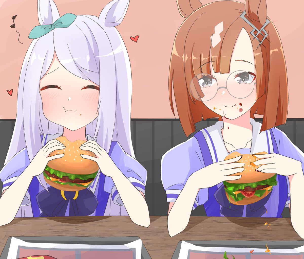 mejiro mcqueen (umamusume) multiple girls horse ears animal ears 2girls food burger school uniform  illustration images