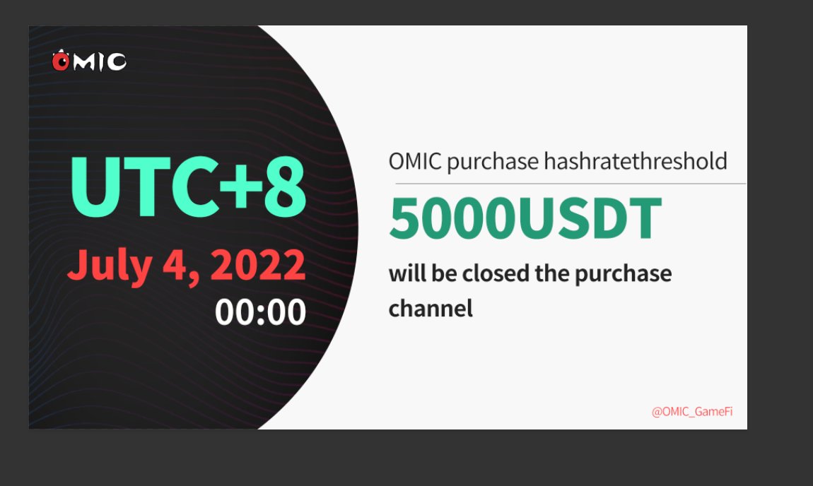 OMIC_GameFi's tweet photo. Hashrate threshold 5000USDT purchase channel of $OMIC will be closed On July 4, 2020 (UTC+8). 
https://t.co/743xCDGswG https://t.co/o9KR9w6s46
