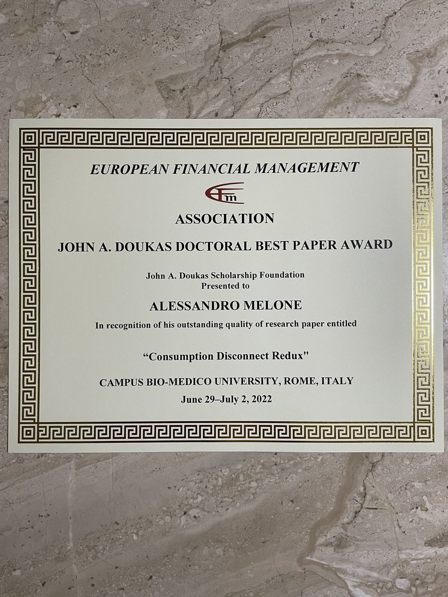 ales_melone's tweet photo. That’s an amazing ending of my doctoral studies - I am very honored!

Thanks to John A Doukas European Financial Management Association - Rome Meeting https://t.co/h5CBUCSII9
