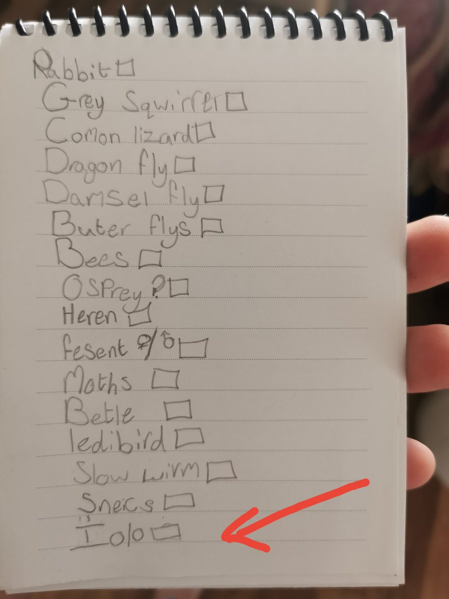 We're off up the road to <a href="/Ynys_hir_RSPB/">Ynys-hir</a> and <a href="/DyfiOspreys/">Dyfi Osprey Project</a> today. Kids excited as always with camera and binoculars packed. Eldest has made a list of all the wild things she's wanting to spot today. Not sure what her chances are for that last one 😂 <a href="/IoloWilliams2/">Iolo Williams</a>