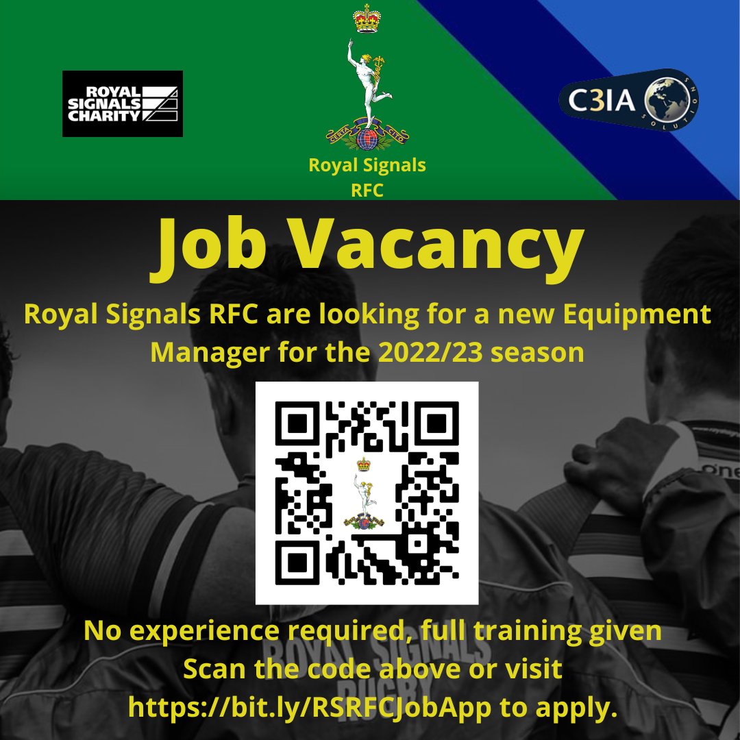 Royal Signals Rugby (@signalsrugby) on Twitter photo Are you a serving regular or reserve <a href="/R_Signals/">Royal Signals</a> soldier?
Do you want to be part of the Corps #rugby management team?
We're looking for a new equipment manager for next season.
Scan the code below or head to bit.ly/RSRFCJobApp to register your interest. Are you a serving regular or reserve <a href="/R_Signals/">Royal Signals</a> soldier?
Do you want to be part of the Corps #rugby management team?
We're looking for a new equipment manager for next season.
Scan the code below or head to bit.ly/RSRFCJobApp to register your interest.