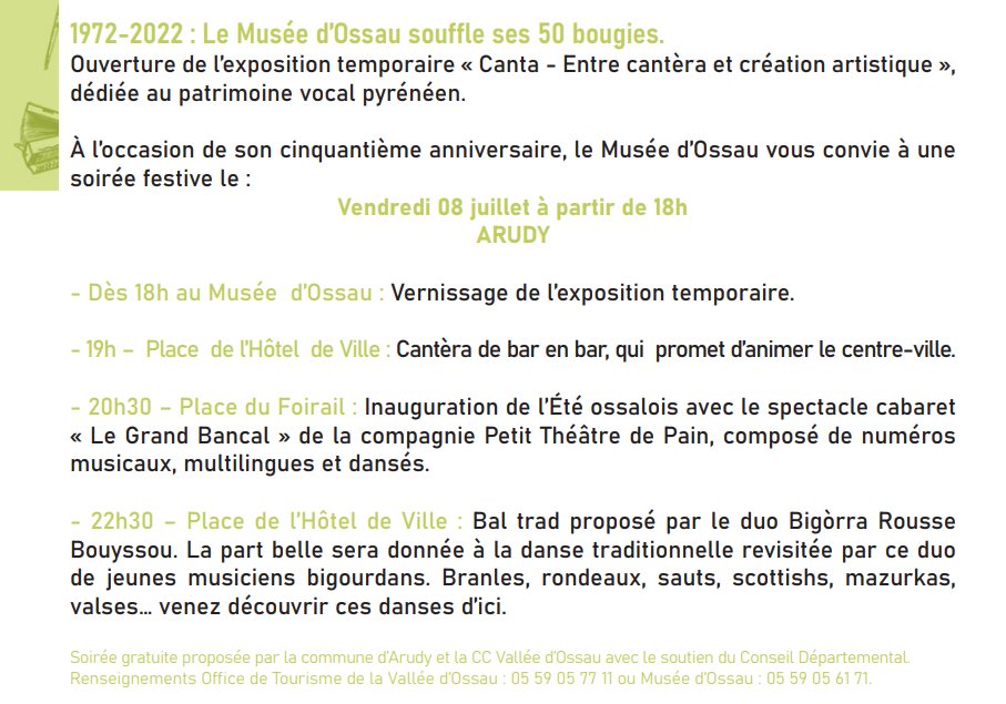 MOssau's tweet photo. 🔔OUVERTURE DE L'EXPOSITION TEMPORAIRE "CANTA" ET SOIREE FESTIVE📣
Dans le cadre des 50 ans du Musée d’Ossau et du début de l’Été Ossalois 2022, la commune d’Arudy et la CC Vallée d’Ossau vous proposent une soirée festive autour du chant et de la danse.🥳 https://t.co/6V1Juxueny