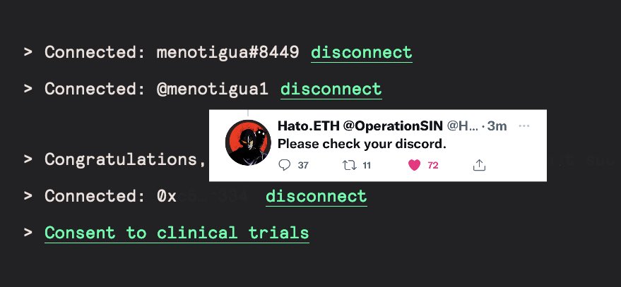 menotigua1's tweet photo. „please Check your Discord“ is the New TS-„Congratulations, you have been selected to be a Test Subject in our clinical trials“ #posse @HatoETH @NFTLlama @Jacktavo @BrotherAli10 @casualties @operationSIN #WeAreSINNERS #SINWomen #SINfollowSiN #SINNERSsupportSINNERS https://t.co/7Rxmzakb5f