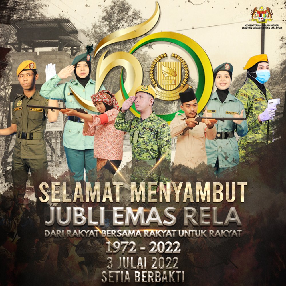 Ucapan Selamat Menyambut Jubli Emas RELA (1972-2022) yang bertemakan 'Dari Rakyat, Bersama Rakyat, Untuk Rakyat' pada 3 Julai 2022 kepada seisi 'Keluarga RELA' di seluruh negara.
SETIA BERBAKTI!

<a href="/KDNPUTRAJAYA/">KDN🇲🇾</a> <a href="/dhzhamzah/">Hamzah</a> <a href="/IsmailSaid087/">DS Dr. Ismail Mohamed Said</a> <a href="/jonathanyasin/">jonathan yasin</a> <a href="/wandahlan/">Wan Ahmad Dahlan</a> <a href="/yahyakgc/">Yahya Sulaiman</a>