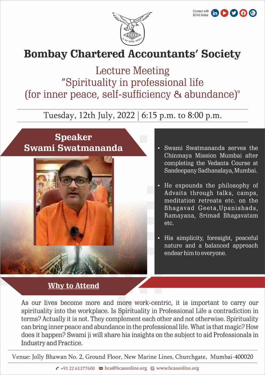 bcasglobal's tweet photo. Swami Swatmananda is one of the most dynamic leaders of Chinmaya Mission and its an honour to have him at the #BCASLectureMeeting This session has a lot more instore for you that can help participants spiritually to excel in professional life. 
@BCAS Hall
12/07/2022, 6:15 PM https://t.co/N9Q84s9wy4