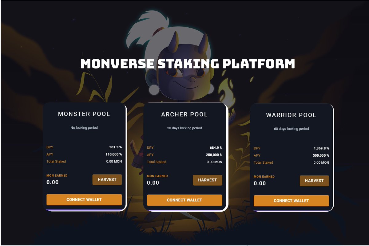 Monverse P2E Game | BSC | SOL (@monversegame) on Twitter photo <a href="/monversegame/">Monverse P2E Game | BSC | SOL</a> staking platform is offering three staking pools.
✅Monster Pool:
Locking period: No locking period
APY %: 110,00,000
✅Warrior Pool:
Locking period: 60 days
APY %: 500,000
✅Archer Pool:
Locking period: 30 days
APY %: 250,000
Link: stake.monverse.games <a href="/monversegame/">Monverse P2E Game | BSC | SOL</a> staking platform is offering three staking pools.
✅Monster Pool:
Locking period: No locking period
APY %: 110,00,000
✅Warrior Pool:
Locking period: 60 days
APY %: 500,000
✅Archer Pool:
Locking period: 30 days
APY %: 250,000
Link: stake.monverse.games