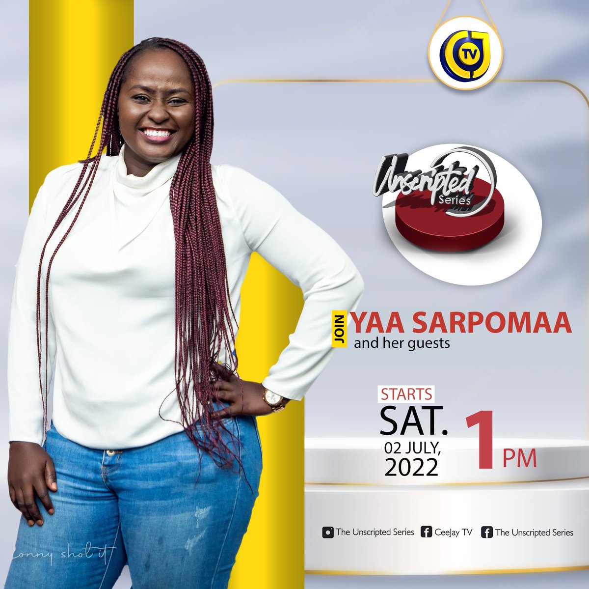 ysarpomaa's tweet photo. Join me this afternoon at 1pm (13hrs GMT) as we premier The Unscripted Series on Ceejay TV and share experiences on life issues that affect all of us
#TheUnscriptedSeries #Tvhost #Talkshow #CeejayTV #YaaSarpomaa https://t.co/guMlgOfiWL