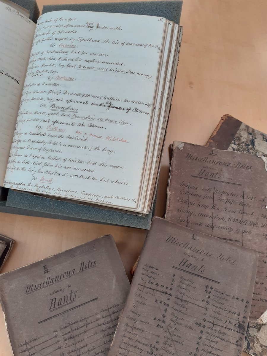 HantsArchives's tweet photo. William Bingley made extensive notes in the early 19th century for a history of Hampshire (16M79), eg this volume about manors (16M79/93); they weren't published, but are held in HRO and provide information for local historians #hampshirearchives #hro75years #ManorialDocuments https://t.co/MUcDIHkzax