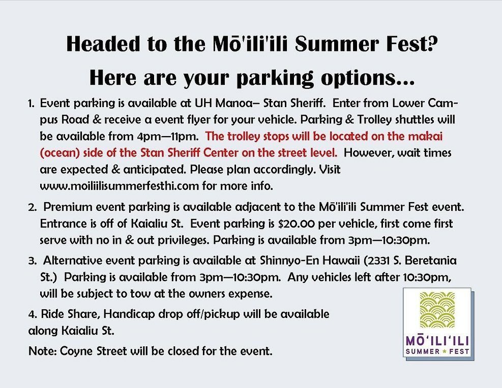 Updated info regarding trolley shuttles to the Moiliili Summer Fest instagr.am/p/CfgPtX5upsf/
