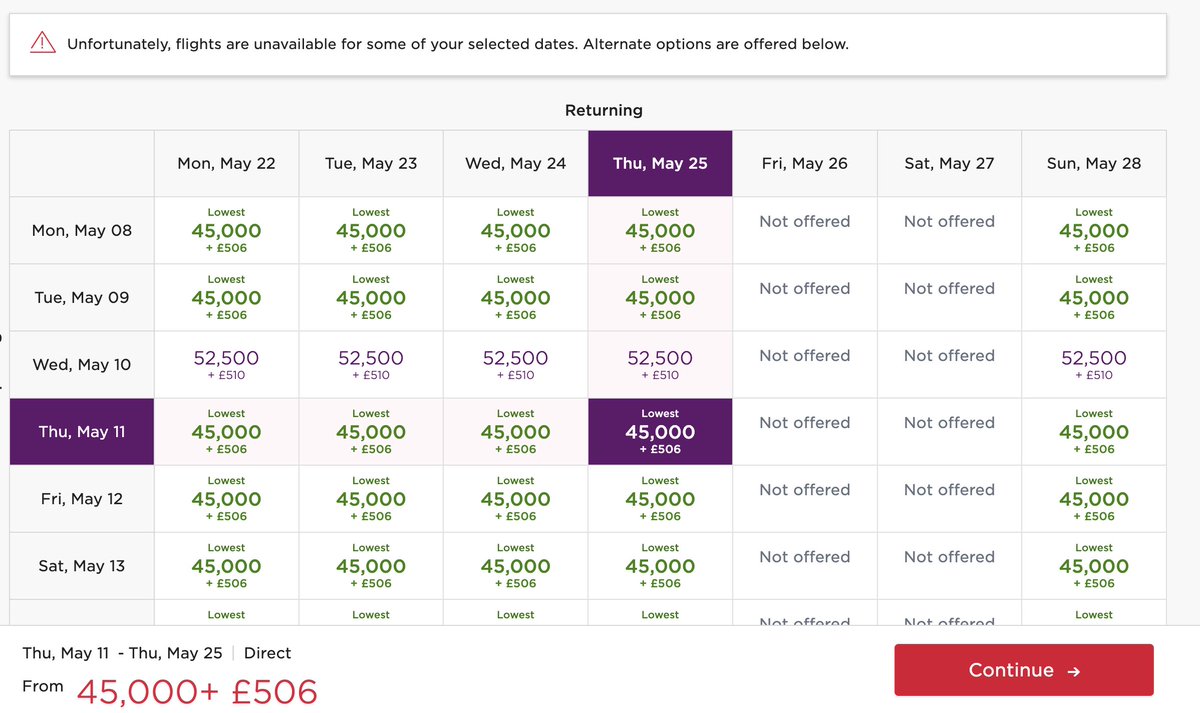 SianHThomas's tweet photo. @VirginAtlantic I'm trying to book Premium seats using our points for May 2023 from Manchester to Orlando, however getting this error message on all dates despite them showing as available - any ideas what's going on? https://t.co/x2Crsuvp77