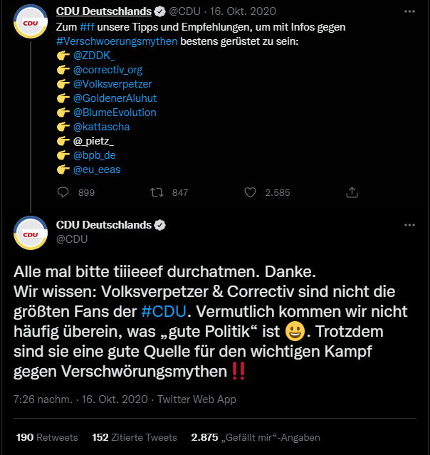 Volksverpetzer's tweet photo. Um denen, die von #Volksverpetzer das erste Mal hören, zu zeigen, wie politisch breit unsere Arbeit als seriös anerkannt wird: Auch die CDU hat uns schon als "gute Quelle für den wichtigen Kampf gegen Verschwörungsmythen" bezeichnet. Andere Meinung = Gern! Andere Fakten = Nein! https://t.co/5iBWtkRzNX