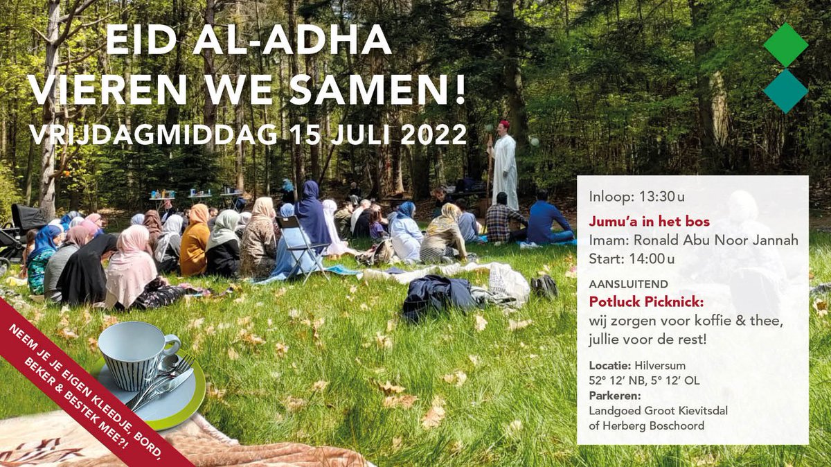Iedereen is welkom, kom zoals je bent.
We nodigen jullie graag uit voor Fahm's after Eid Feestje: openlucht Jumua &amp; Potluck Picknick. 

Khotba: Nederlandstalig, houdt rekening met aanwezigheid van kinderen.
Locatie: "Wolfsdreuvik", zie google maps en andere routeplanners.